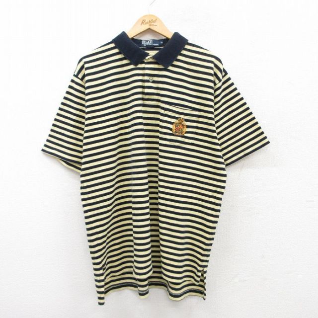 XL★古着 ラルフローレン Ralph Lauren 半袖 ブランド ポロ シャツ メンズ 90年代 90s ワンポイントロゴ 鹿の子 大きいサイズ コットン 薄黄他 イエロー ボーダー 25jun17 中古 トップス