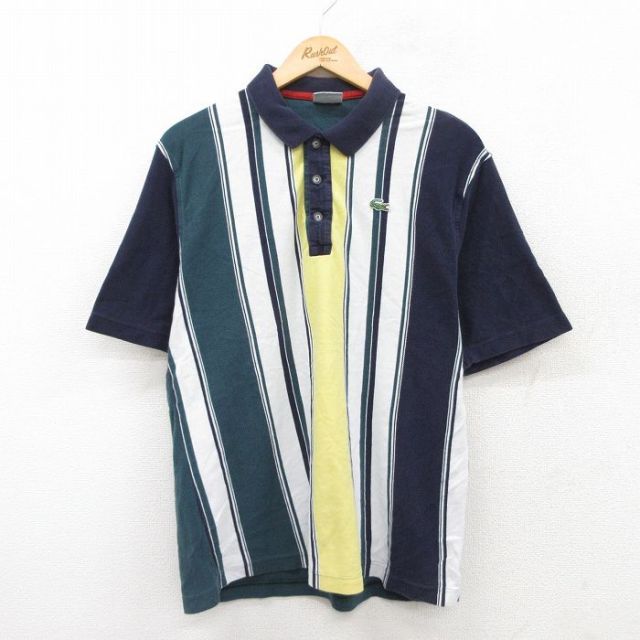 L★古着 ラコステ LACOSTE 半袖 ブランド ポロ シャツ メンズ ワンポイントロゴ 鹿の子 コットン 紺他 ネイビー ストライプ 25jun17 中古 トップス