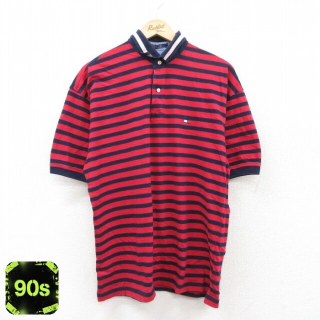 【50%OFF】トミーヒルフィガー 90s 半袖ポロシャツ ワンポイントロゴ レッドボーダー XL | 古着
