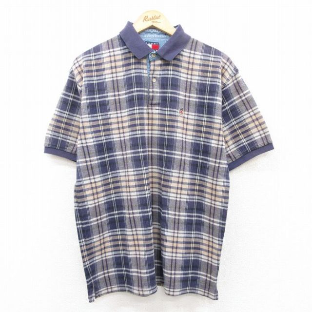 トミーヒルフィガー 90s 半袖ポロシャツ ワンポイントロゴ ネイビーチェック L | 古着