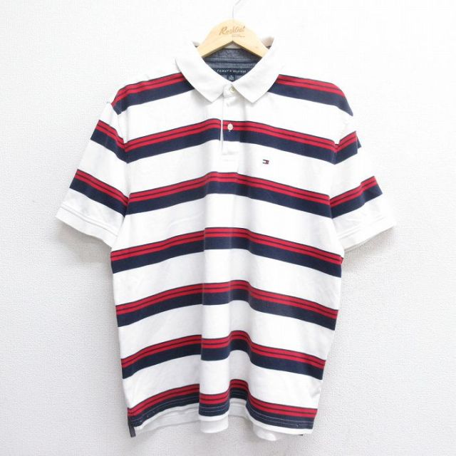 XL★古着 トミーヒルフィガー TOMMY HILFIGER 半袖 ブランド ポロ シャツ メンズ ワンポイントロゴ 大きいサイズ コットン 白他 ホワイト ボーダー 25jun19 中古 トップス