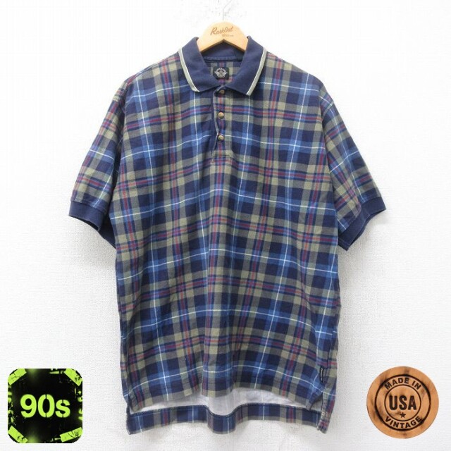 【50%OFF】ドッカーズ 90s 半袖ポロシャツ ネイビーチェック XL | 古着