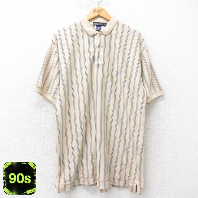 【50%OFF】ノーティカ 90s 半袖ポロシャツ ワンポイントロゴ カーキストライプ XL | 古着