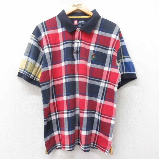 【50%OFF】XL★古着 ラルフローレン Ralph Lauren チャップス 半袖 ブランド ポロ シャツ メンズ 90年代 90s ワンポイントロゴ 鹿の子 コットン 紺他 ネイビー チェック 25jun19 中古 トップス