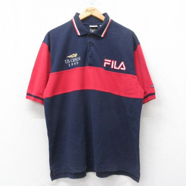 XL★古着 フィラ FILA 半袖 ブランド ポロ シャツ メンズ 90年代 90s ワンポイントロゴ USオープン 鹿の子 紺他 ネイビー 25jun19 中古 トップス