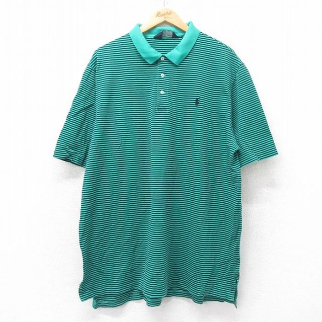 XL★古着 ラルフローレン Ralph Lauren ポロゴルフ 半袖 ブランド ポロ シャツ メンズ 90年代 90s ワンポイントロゴ 大きいサイズ コットン 緑他 グリーン ボーダー 【spe】 25jun19 中古 トップス
