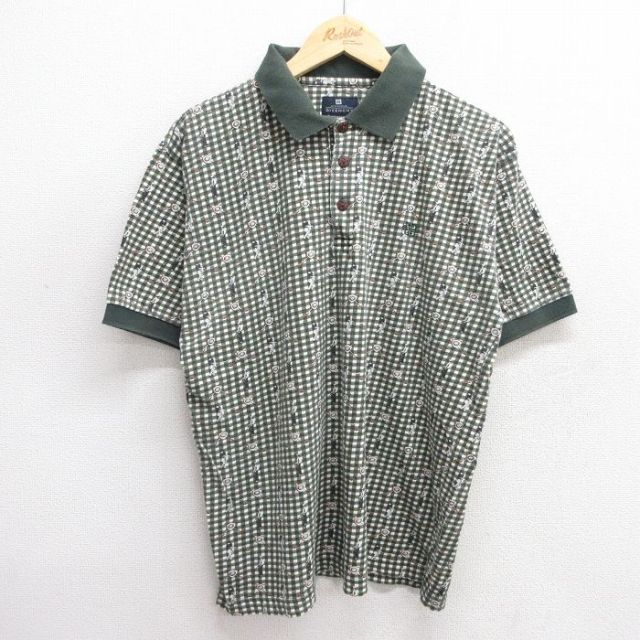 M★古着 ジバンシー GIVENCHY 半袖 ブランド ポロ シャツ メンズ ワンポイントロゴ ゴルフ 総柄 コットン 薄緑他 グリーン チェック 25jun20 中古 トップス