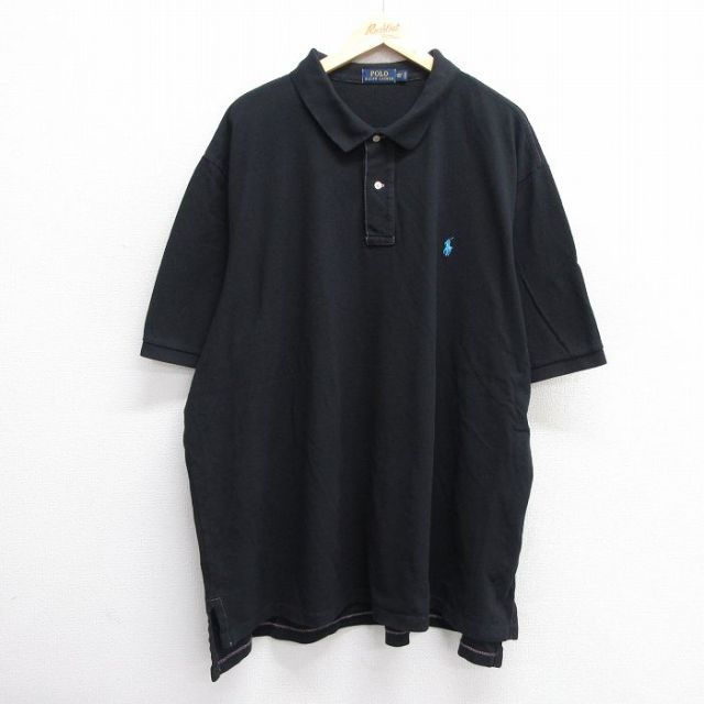 XL★古着 ラルフローレン Ralph Lauren 半袖 ブランド ポロ シャツ メンズ ワンポイントロゴ 鹿の子 大きいサイズ ロング丈 コットン 黒 ブラック 25jun20 中古 トップス