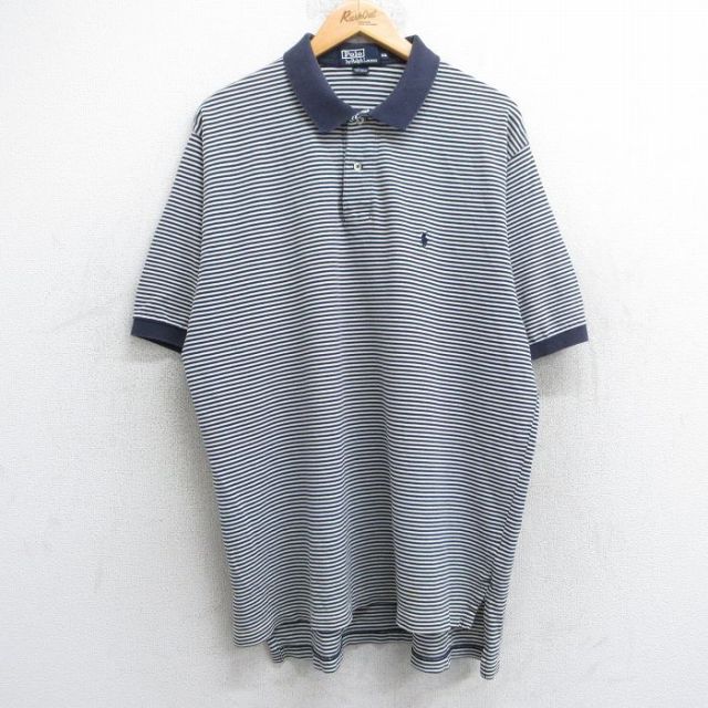 【50%OFF】XL★古着 ラルフローレン Ralph Lauren 半袖 ブランド ポロ シャツ メンズ 90年代 90s ワンポイントロゴ 鹿の子 大きいサイズ コットン 紺他 ネイビー ボーダー 【spe】 25jun25 中古 トップス