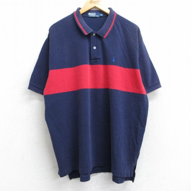 【50%OFF】XL★古着 ラルフローレン Ralph Lauren 半袖 ブランド ポロ シャツ メンズ 90年代 90s ワンポイントロゴ 鹿の子 大きいサイズ コットン 紺他 ネイビー 25jun25 中古 トップス