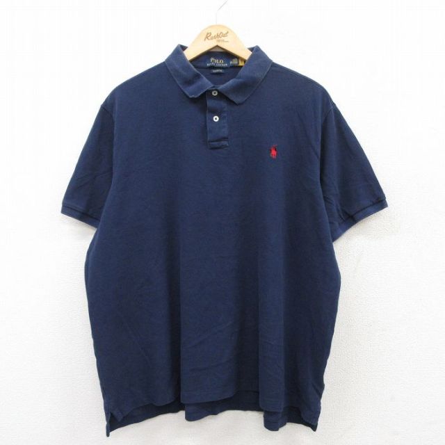 XL★古着 ラルフローレン Ralph Lauren 半袖 ブランド ポロ シャツ メンズ ワンポイントロゴ 鹿の子 大きいサイズ コットン 紺 ネイビー 25jun26 中古 トップス