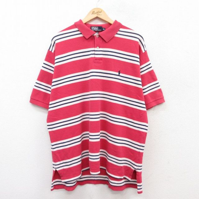 XL★古着 ラルフローレン Ralph Lauren 半袖 ブランド ポロ シャツ メンズ 90年代 90s ワンポイントロゴ 鹿の子 コットン 赤系他 レッド ボーダー 【spe】 25jun28 中古 トップス