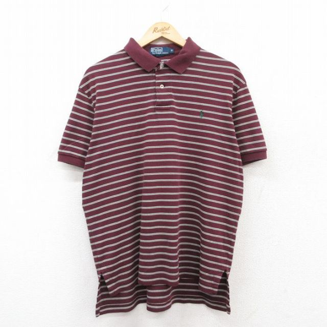 【50%OFF】XL★古着 ラルフローレン Ralph Lauren 半袖 ブランド ポロ シャツ メンズ 90年代 90s ワンポイントロゴ コットン エンジ系他 ボーダー 25jun28 中古 トップス