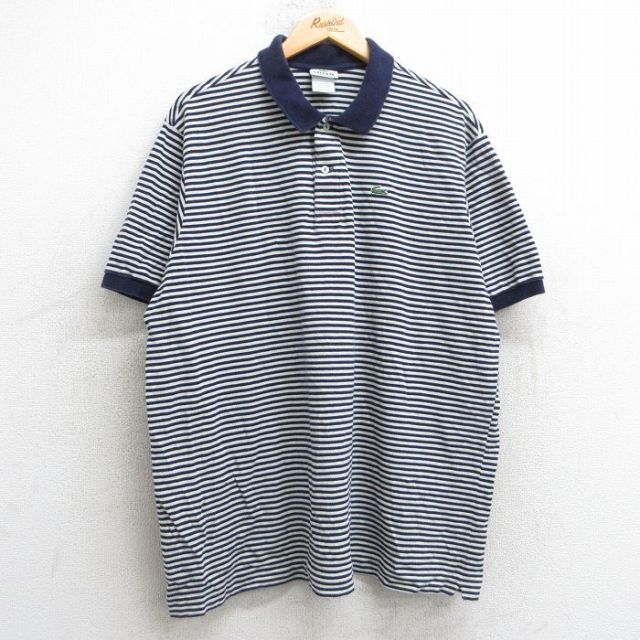 XL★古着 ラコステ LACOSTE 半袖 ブランド ポロ シャツ メンズ ワンポイントロゴ 鹿の子 大きいサイズ コットン フランス製 紺他 ネイビー ボーダー 【spe】 25jul08 中古 トップス