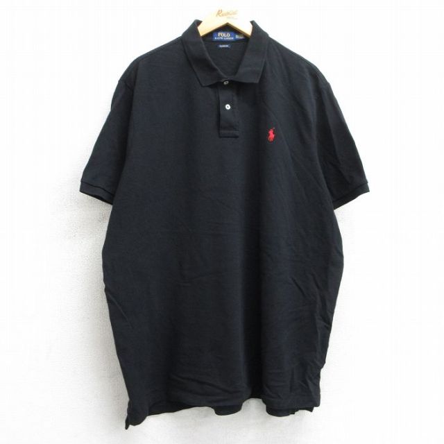 XL★古着 ラルフローレン Ralph Lauren 半袖 ブランド ポロ シャツ メンズ ワンポイントロゴ 鹿の子 大きいサイズ ロング丈 コットン 黒 ブラック 25jul08 中古 トップス