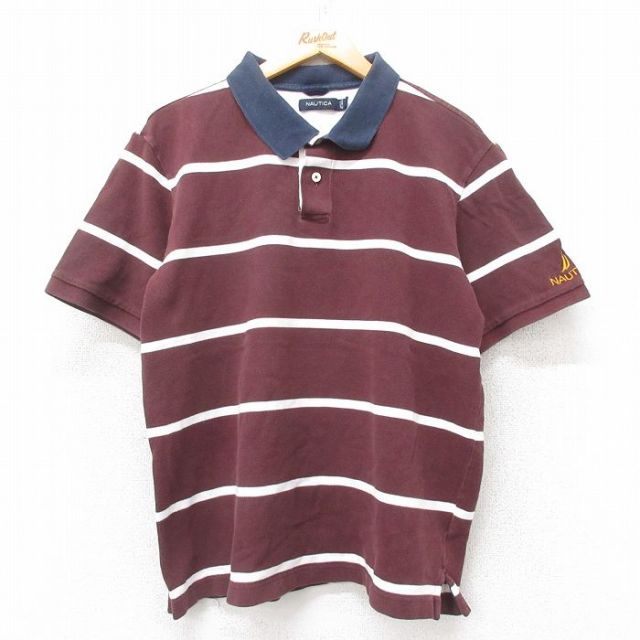 XL★古着 ノーティカ NAUTICA 半袖 ブランド ポロ シャツ メンズ ワンポイントロゴ 鹿の子 コットン エンジ他 ボーダー 25jul14 中古 トップス