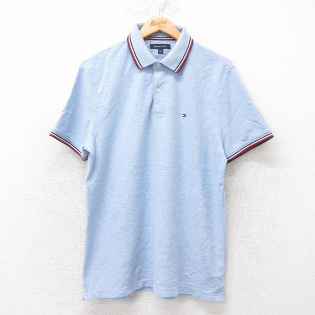 L★古着 トミーヒルフィガー TOMMY HILFIGER 半袖 ブランド ポロ シャツ メンズ ワンポイントロゴ 薄紺 ネイビー 霜降り他 25jul14 中古 トップス