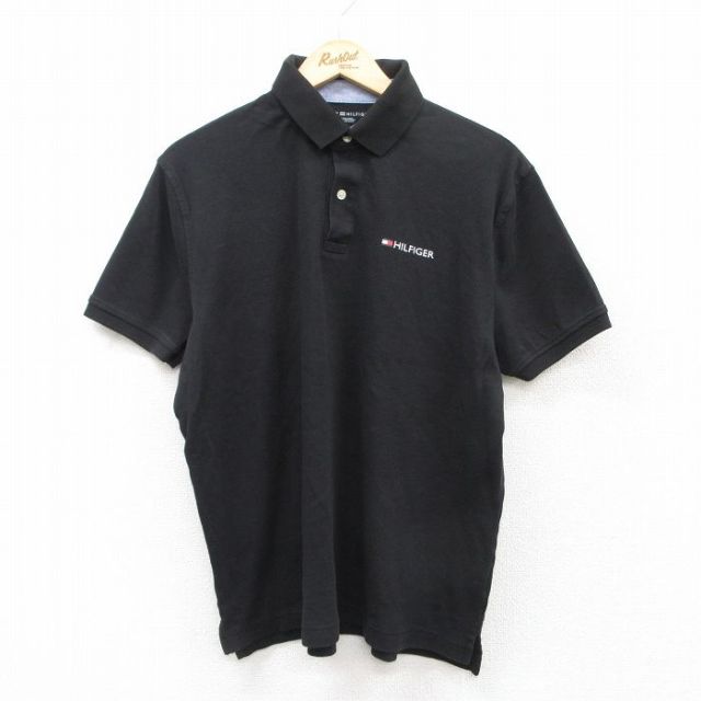 XL★古着 トミーヒルフィガー TOMMY HILFIGER 半袖 ブランド ポロ シャツ メンズ ワンポイントロゴ コットン 黒 ブラック 25jul14 中古 トップス