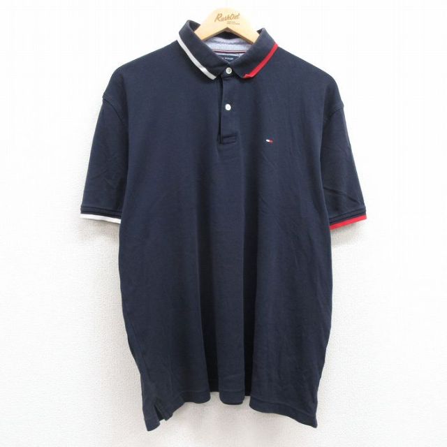 【20%OFF】XL★古着 トミーヒルフィガー TOMMY HILFIGER 半袖 ブランド ポロ シャツ メンズ ワンポイントロゴ 鹿の子 コットン 紺他 ネイビー 25jul15 中古 トップス