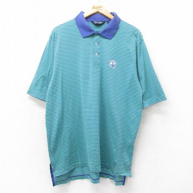 XL★古着 ラルフローレン Ralph Lauren ポロゴルフ 半袖 ブランド ポロ シャツ メンズ 90年代 90s PEBBLE BEACH 大きいサイズ コットン 緑他 グリーン ボーダー 25jul18 中古 トップス