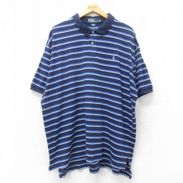 XL★古着 ラルフローレン Ralph Lauren 半袖 ブランド ポロ シャツ メンズ 90年代 90s ワンポイントロゴ 大きいサイズ コットン 紺他 ネイビー ボーダー 25jul18 中古 トップス