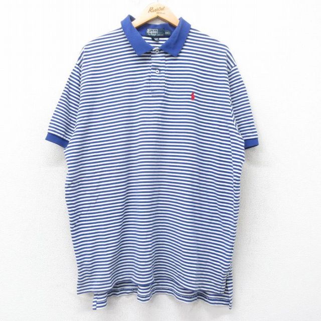 【50%OFF】XL★古着 ラルフローレン Ralph Lauren 半袖 ブランド ポロ シャツ メンズ 90年代 90s ワンポイントロゴ 鹿の子 大きいサイズ コットン 青他 ブルー ボーダー 25jul18 中古 トップス