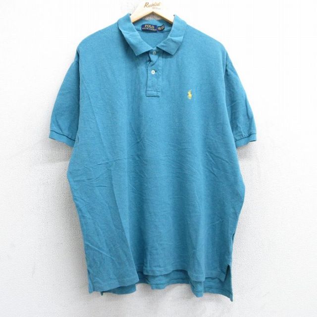 XL★古着 ラルフローレン Ralph Lauren 半袖 ブランド ポロ シャツ メンズ ワンポイントロゴ 鹿の子 大きいサイズ コットン 水色 25jul18 中古 トップス