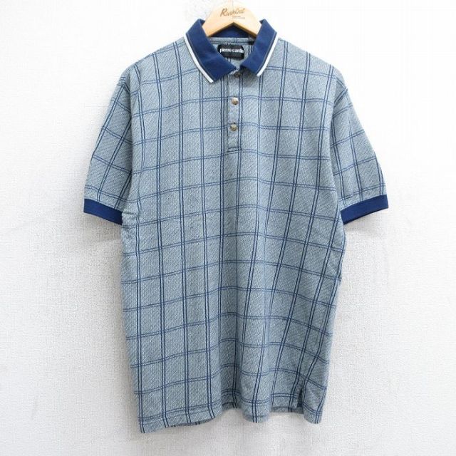 XL★古着 ピエールカルダン pierre cardin 半袖 ブランド ポロ シャツ メンズ 薄紺系 ネイビー チェック 25jul25 中古 トップス
