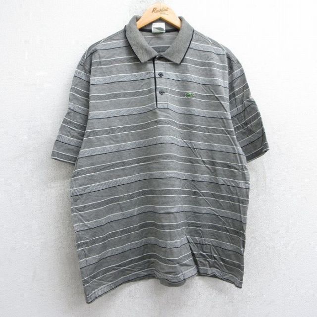 XL★古着 ラコステ LACOSTE 半袖 ブランド ポロ シャツ メンズ ワンポイントロゴ 大きいサイズ コットン イタリア製 グレー ボーダー 【spe】 25jul25 中古 トップス