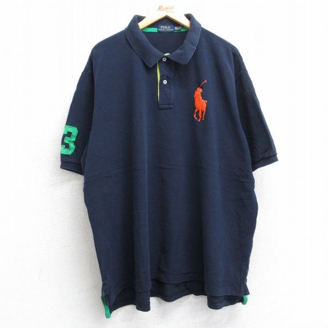 XL★古着 ラルフローレン Ralph Lauren 半袖 ブランド ポロ シャツ メンズ ビッグポニー 鹿の子 大きいサイズ コットン 紺 ネイビー 25jul25 中古 トップス