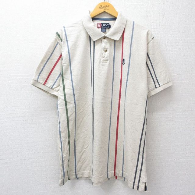 【50%OFF】XL★古着 ラルフローレン Ralph Lauren チャップス 半袖 ブランド ポロ シャツ メンズ 90年代 90s ワンポイントロゴ 薄ベージュ他 カーキ 霜降り ストライプ 25jul29 中古 トップス