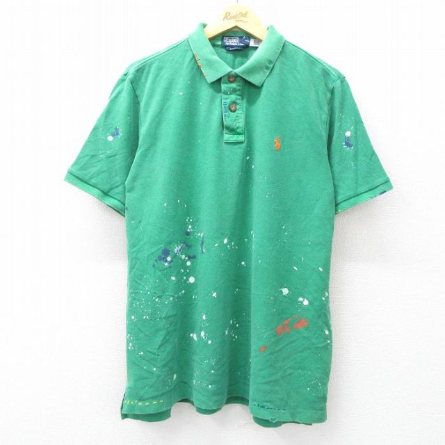 【50%OFF】XL★古着 ラルフローレン Ralph Lauren 半袖 ブランド ポロ シャツ メンズ 90年代 90s ワンポイントロゴ 鹿の子 大きいサイズ コットン 緑 グリーン ペンキ、すれ加工 25jul29 中古 トップス
