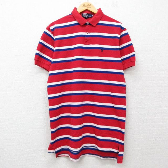 【50%OFF】XL★古着 ラルフローレン Ralph Lauren 半袖 ブランド ポロ シャツ メンズ 90年代 90s ワンポイントロゴ 鹿の子 コットン USA製 赤他 レッド ボーダー 25jul29 中古 トップス