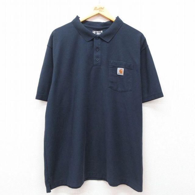 XL★古着 カーハート Carhartt 半袖 ブランド ポロ シャツ メンズ ワンポイントロゴ 鹿の子 大きいサイズ 紺 ネイビー 25jul29 中古 トップス