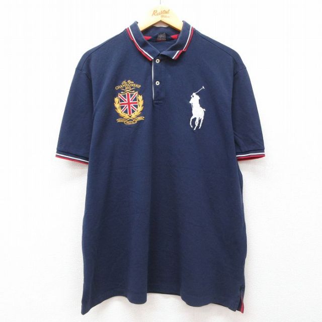XL★古着 ラルフローレン Ralph Lauren ポロゴルフ 半袖 ブランド ポロ シャツ メンズ ビッグポニー ユニオンジャック 鹿の子 大きいサイズ コットン 紺 ネイビー 25jul29 中古 トップス