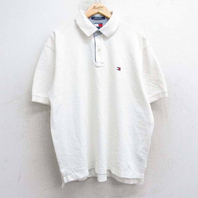 XL★古着 トミーヒルフィガー TOMMY HILFIGER 半袖 ブランド ポロ シャツ メンズ 90年代 90s ワンポイントロゴ 鹿の子 大きいサイズ コットン 白 ホワイト 25jul30 中古 トップス