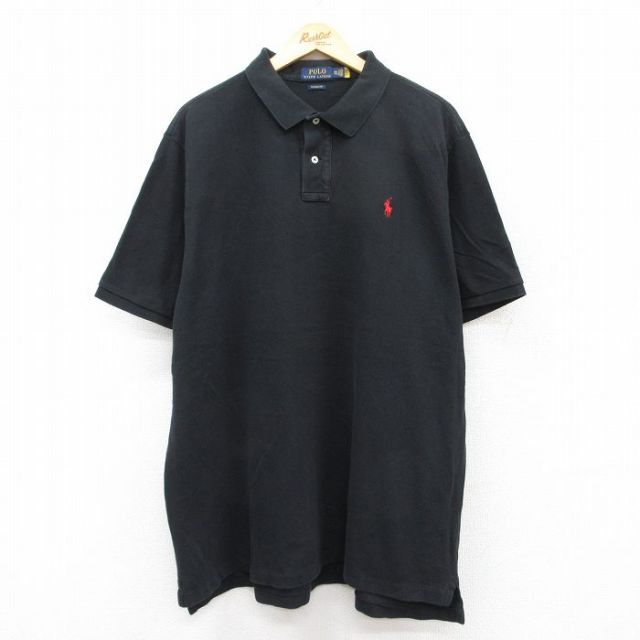 【50%OFF】XL★古着 ラルフローレン Ralph Lauren 半袖 ブランド ポロ シャツ メンズ ワンポイントロゴ 鹿の子 大きいサイズ ロング丈 コットン 黒 ブラック 25aug05 中古 トップス