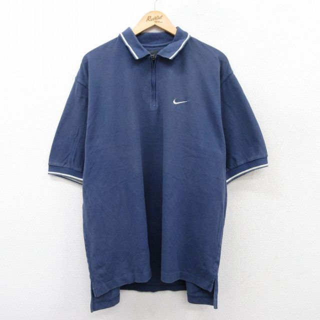 XL★古着 ナイキ NIKE 半袖 ハーフジップ ブランド ポロ シャツ メンズ ワンポイントロゴ ゴルフ 鹿の子 大きいサイズ コットン 紺 ネイビー 25aug05 中古 トップス