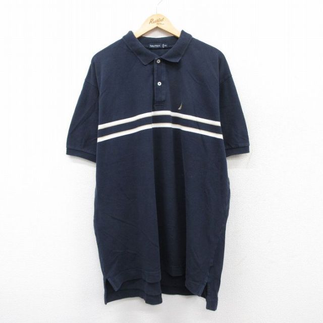 【50%OFF】XL★古着 ノーティカ NAUTICA 半袖 ブランド ポロ シャツ メンズ ワンポイントロゴ 鹿の子 大きいサイズ ロング丈 コットン 紺 ネイビー 25aug05 中古 トップス