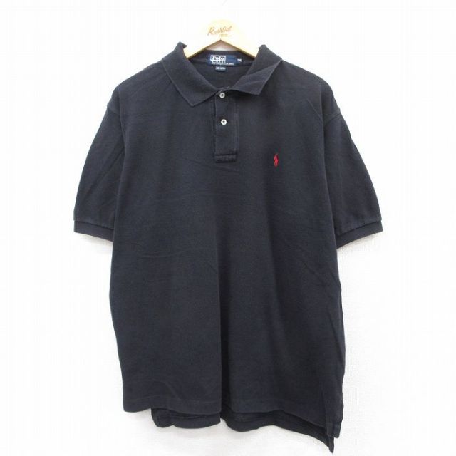 XL★古着 ラルフローレン Ralph Lauren 半袖 ブランド ポロ シャツ メンズ 90年代 90s ワンポイントロゴ 鹿の子 大きいサイズ コットン 黒 ブラック 25aug05 中古 トップス