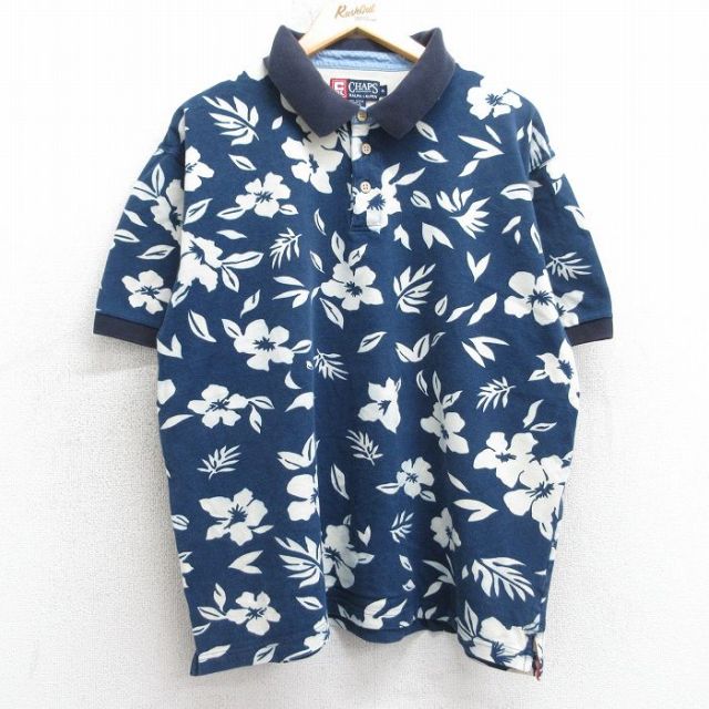 XL★古着 ラルフローレン Ralph Lauren チャップス 半袖 ブランド ポロ シャツ メンズ 90年代 90s ハイビスカス 花柄 鹿の子 大きいサイズ コットン 紺他 ネイビー 25aug05 中古 トップス