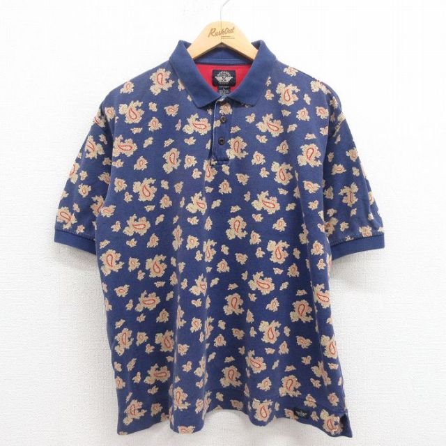 【50%OFF】XL★古着 ドッカーズ 半袖 ブランド ポロ シャツ メンズ 00年代 00s ペイズリー柄 総柄 鹿の子 大きいサイズ コットン 紺 ネイビー 25aug09 中古 トップス