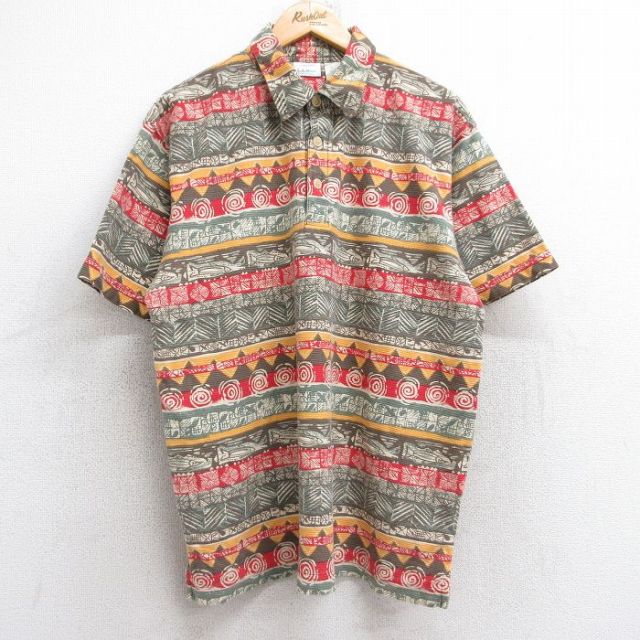 XL★古着 エルエルビーン LLBEAN 半袖 ブランド ポロ シャツ メンズ 90年代 90s 魚 総柄 コットン 薄緑他 グリーン 【spe】 25aug23 中古 トップス