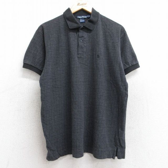 XL★古着 ノーティカ NAUTICA 半袖 ブランド ポロ シャツ メンズ 90年代 90s ワンポイントロゴ 鹿の子 コットン 濃グレー他 チェック 25aug23 中古 トップス