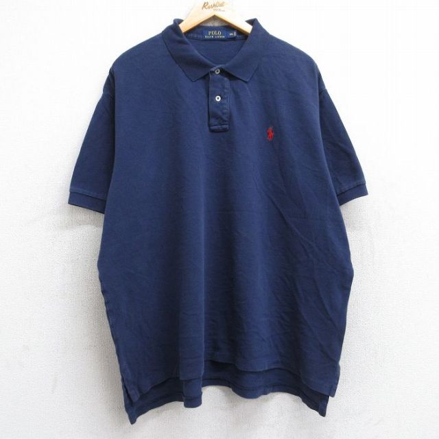 XL★古着 ラルフローレン Ralph Lauren 半袖 ブランド ポロ シャツ メンズ ワンポイントロゴ 鹿の子 大きいサイズ コットン 紺 ネイビー 25aug23 中古 トップス