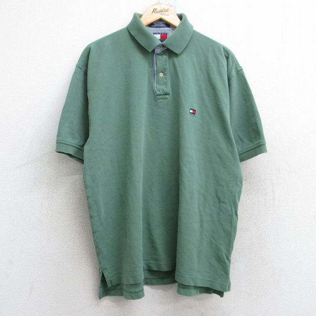 XL★古着 トミーヒルフィガー TOMMY HILFIGER 半袖 ブランド ポロ シャツ メンズ 90年代 90s ワンポイントロゴ 鹿の子 コットン 緑 グリーン 25aug23 中古 トップス