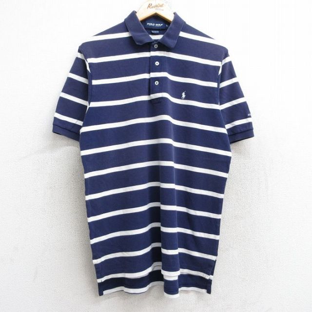 XL★古着 ラルフローレン Ralph Lauren ポロゴルフ 半袖 ブランド ポロ シャツ メンズ 90年代 90s ワンポイントロゴ 鹿の子 コットン 紺他 ネイビー ボーダー 25aug25 中古 トップス