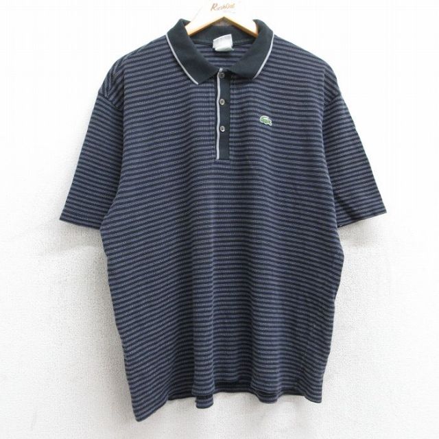 XL★古着 ラコステ LACOSTE 半袖 ブランド ポロ シャツ メンズ ワンポイントロゴ 鹿の子 大きいサイズ コットン フランス製 黒他 ブラック ボーダー 【spe】 25aug25 中古 トップス