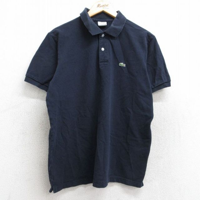XL★古着 ラコステ LACOSTE 半袖 ブランド ポロ シャツ メンズ ワンポイントロゴ 鹿の子 コットン 濃紺 ネイビー 25aug25 中古 トップス