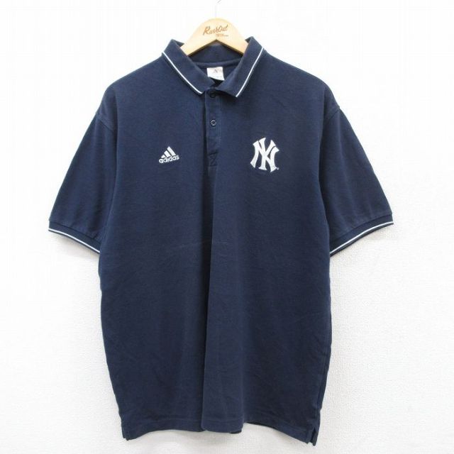 XL★古着 アディダス adidas 半袖 ブランド ポロ シャツ メンズ ワンポイントロゴ MLB ニューヨークヤンキース 鹿の子 大きいサイズ コットン 紺 ネイビー メジャーリーグ ベースボール 野球 25aug25 中古 トップス
